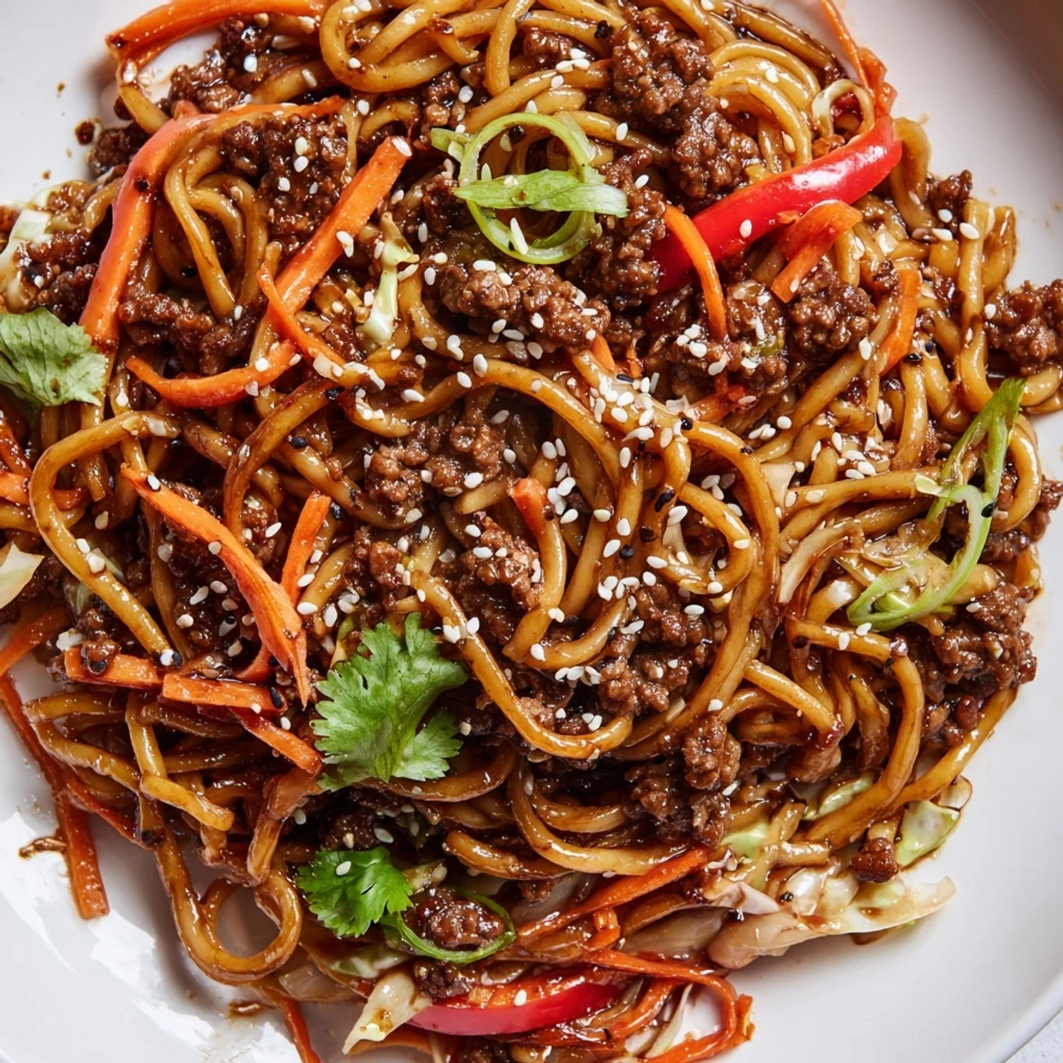 Tender Asian ground beef noodles topped with sesame seeds and fresh green onions