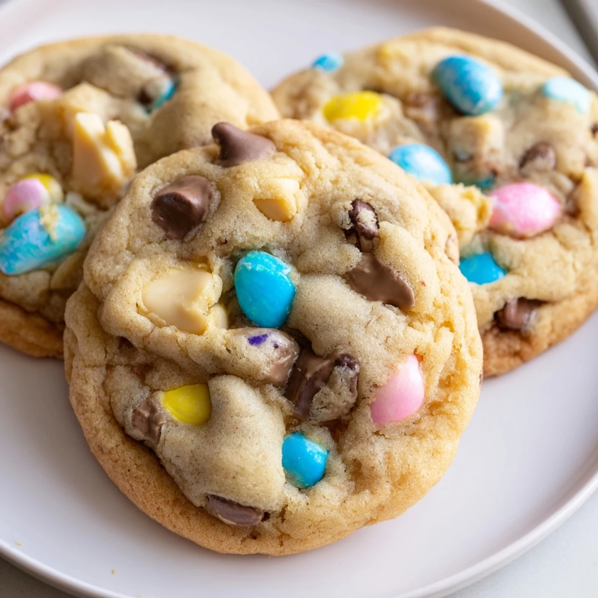 Soft Cadbury Egg Cookies with golden edges and colorful chocolate candy pieces