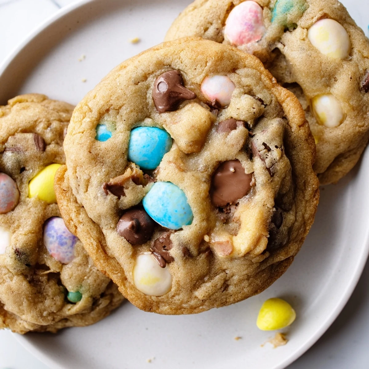 Cadbury Egg Cookies topped with pastel mini eggs on a rustic baking sheet