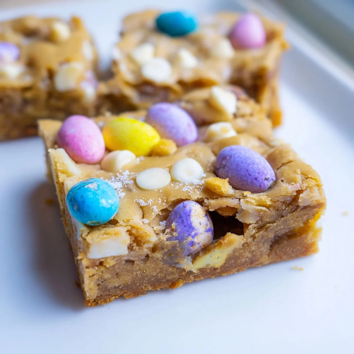 Golden mini Cadbury Easter egg blondies with colorful candy topping on a rustic white plate