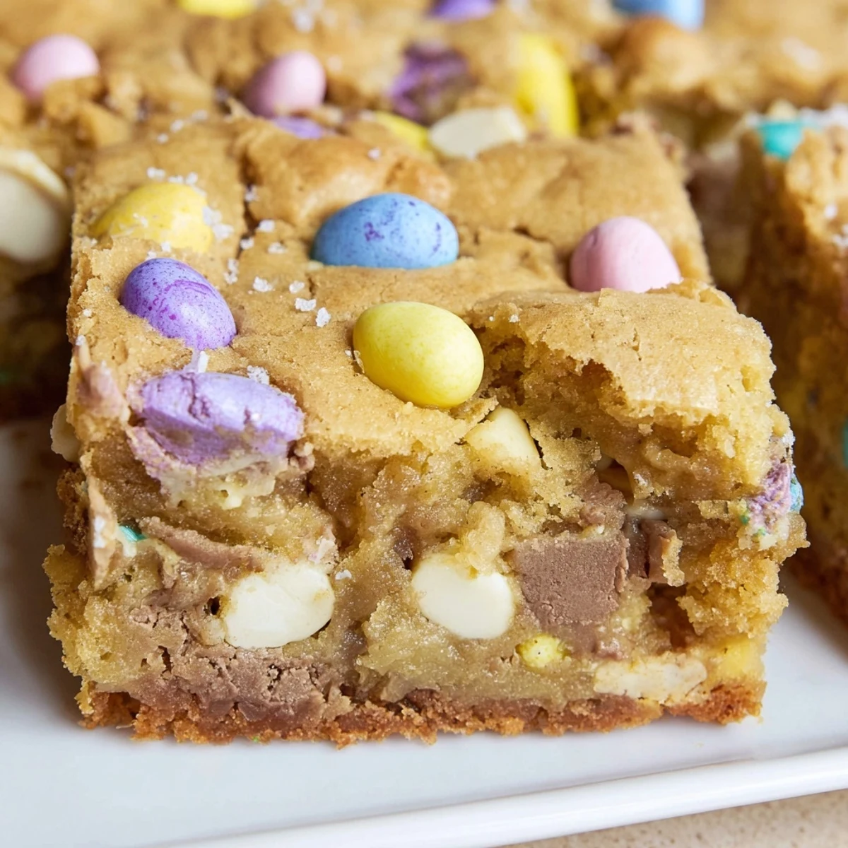 Warm mini Cadbury Easter egg blondies with pastel candy shells and melted chocolate chips throughout
