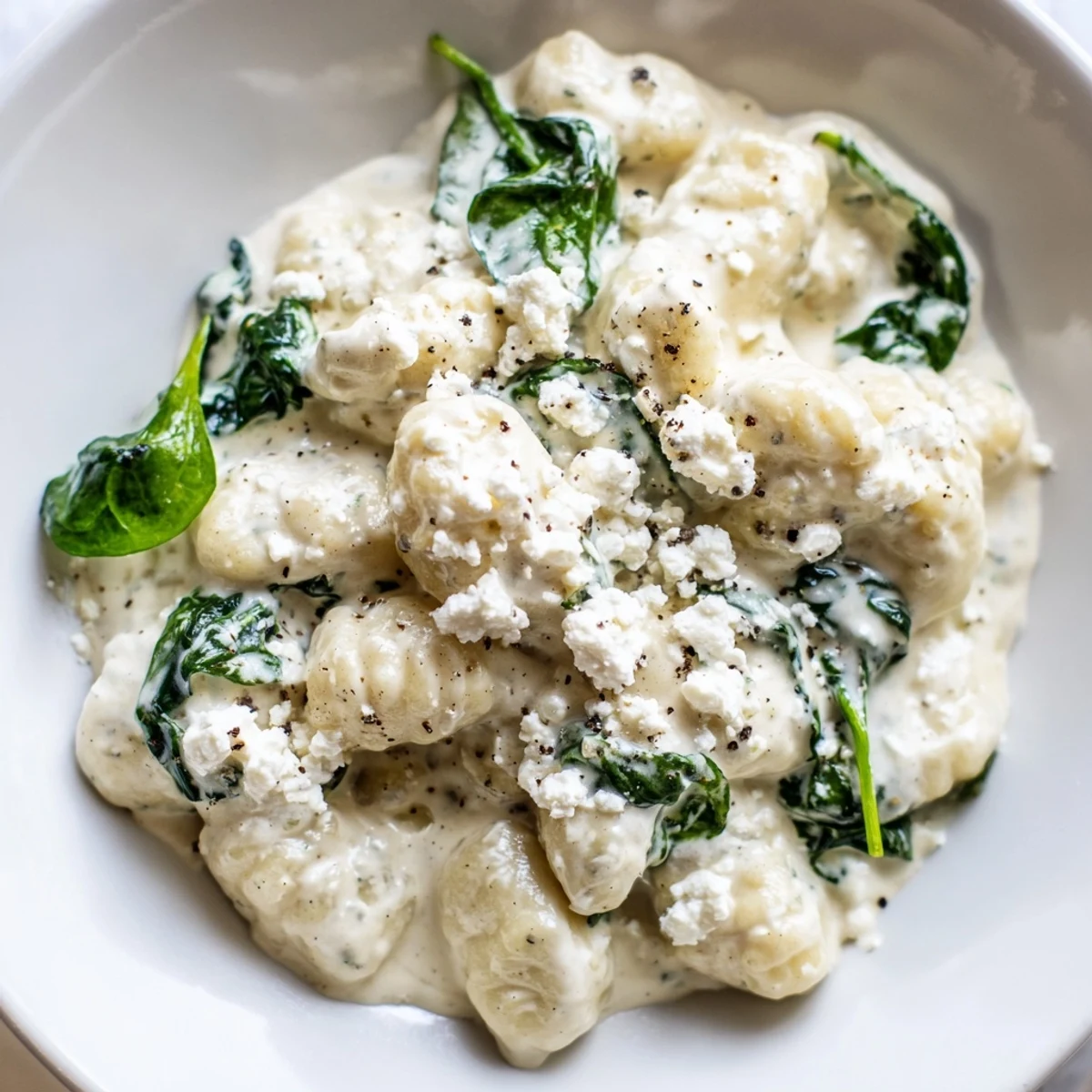 Creamy gnocchi with spinach and feta topped with melted cheese in white sauce