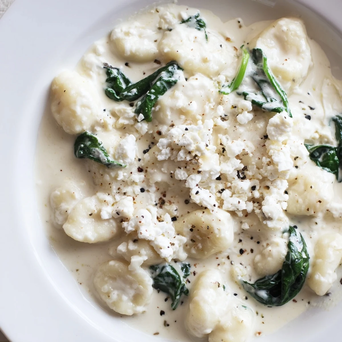 Soft pillowy gnocchi with spinach and feta glistening in rich cream sauce