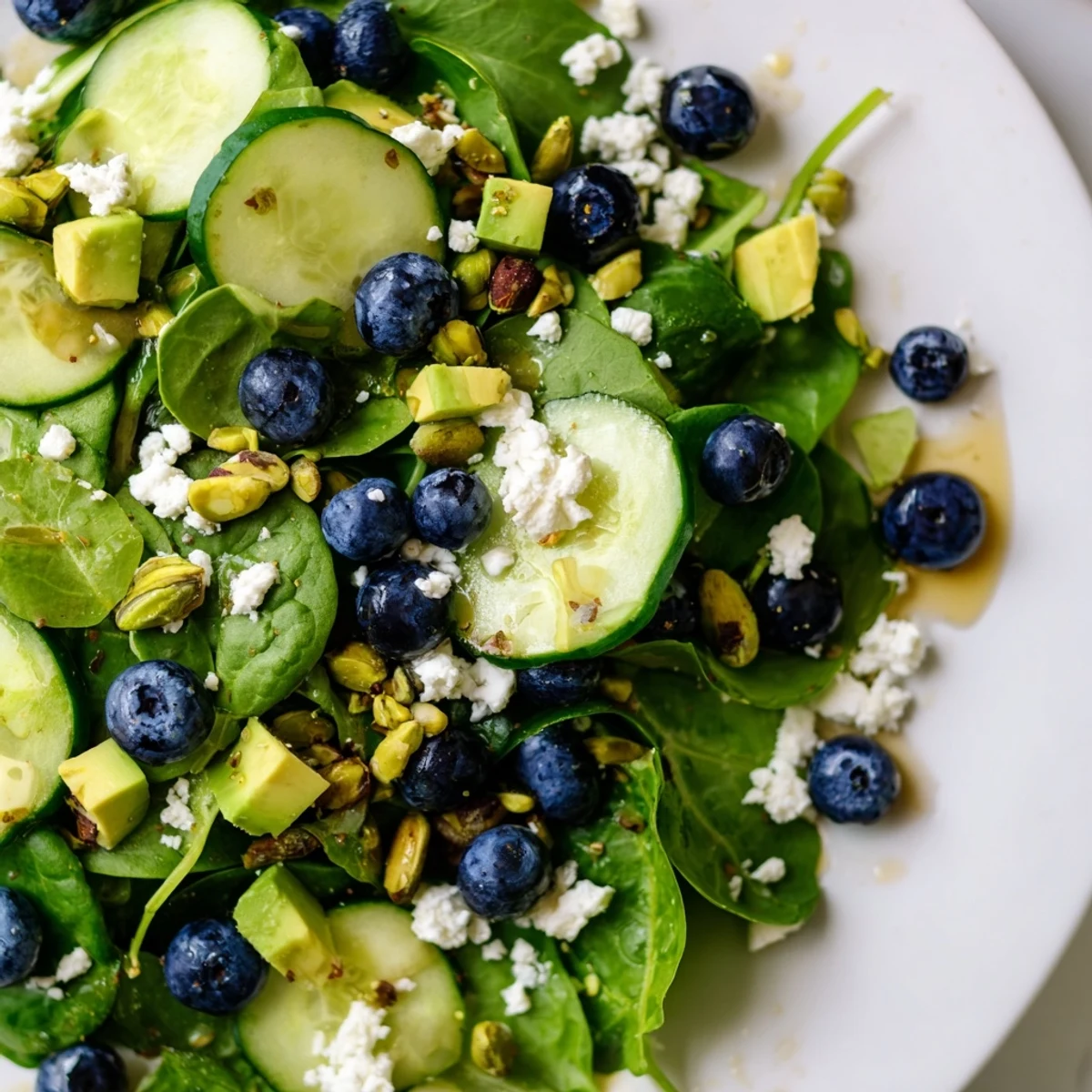 Blueberry Pistachio Spring Salad drizzled with tangy lemon dressing on a rustic plate