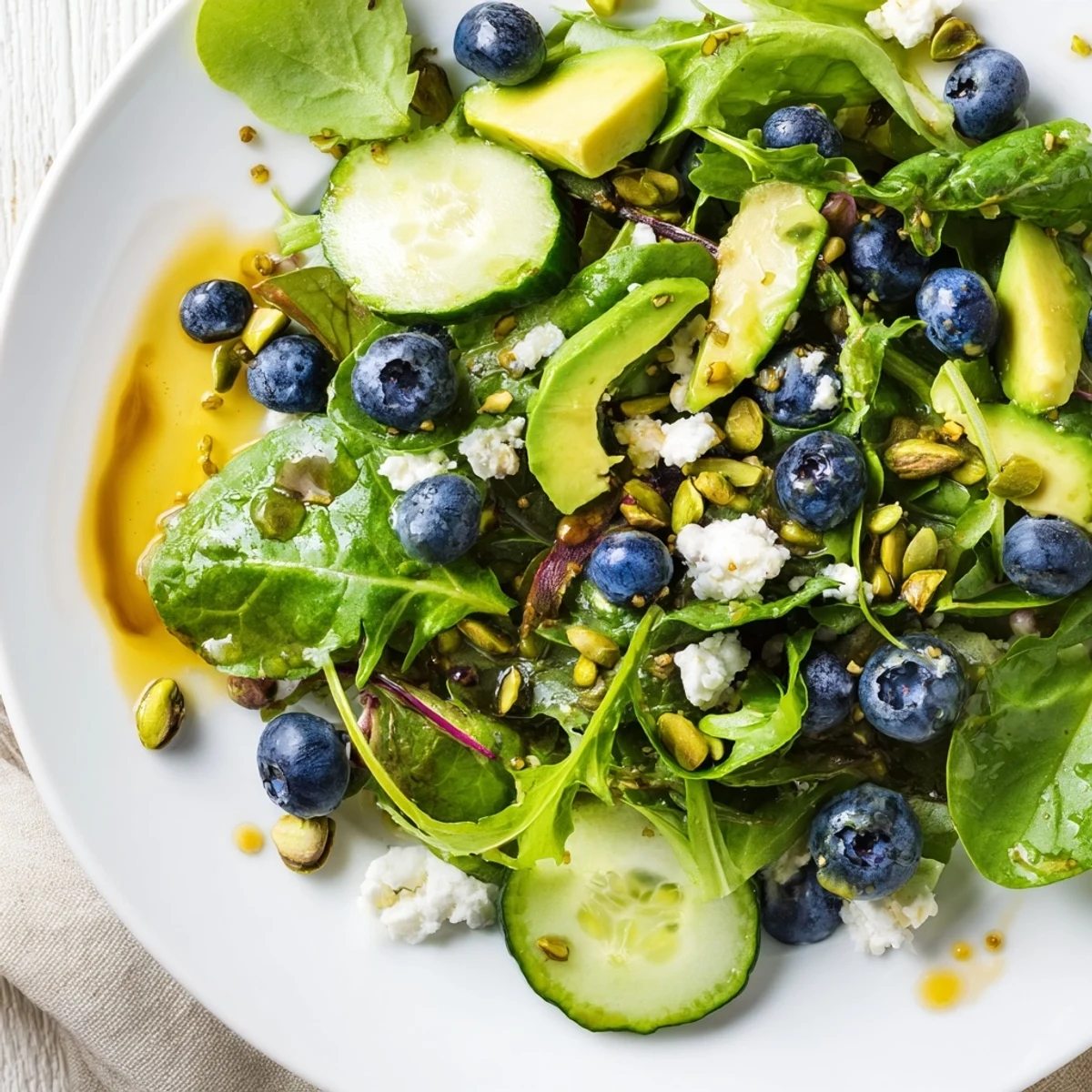A vibrant Blueberry Pistachio Spring Salad topped with creamy avocado and crumbled feta