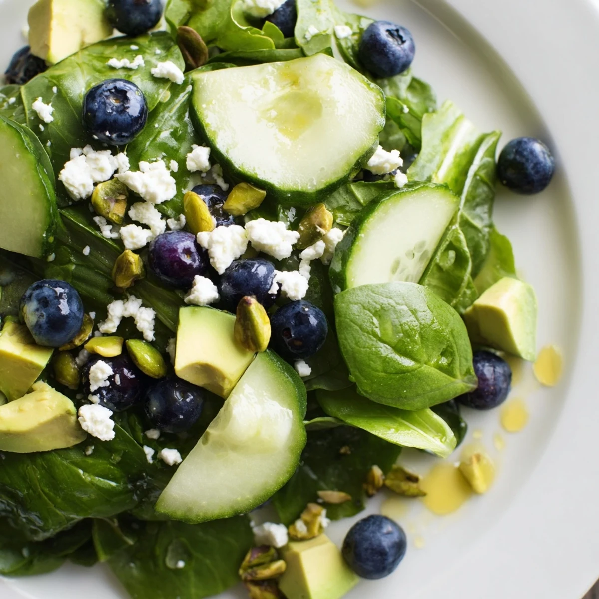 Close-up of Blueberry Pistachio Spring Salad featuring fresh greens and juicy ripe blueberries
