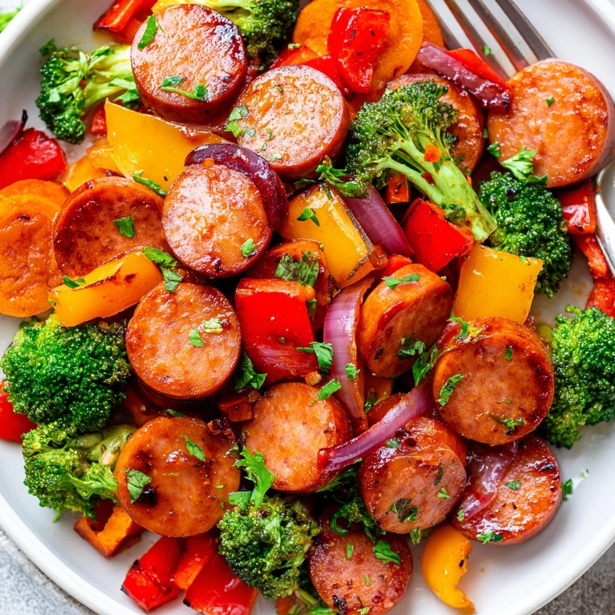 Smoky sliced kielbasa coated in sticky honey garlic glaze alongside caramelized roasted vegetables