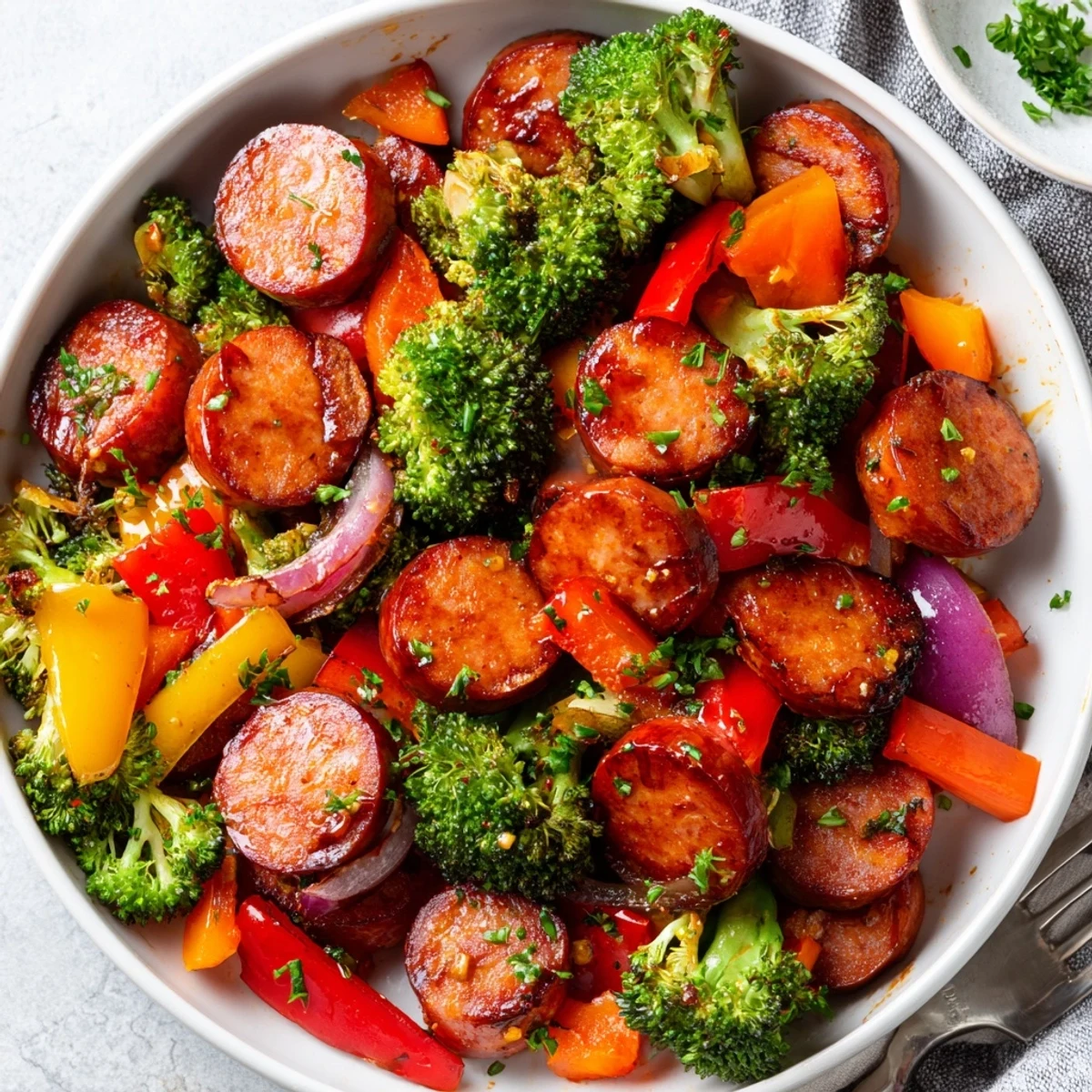 Glistening honey garlic kielbasa roasted with colorful tender-crisp vegetables on a sheet pan
