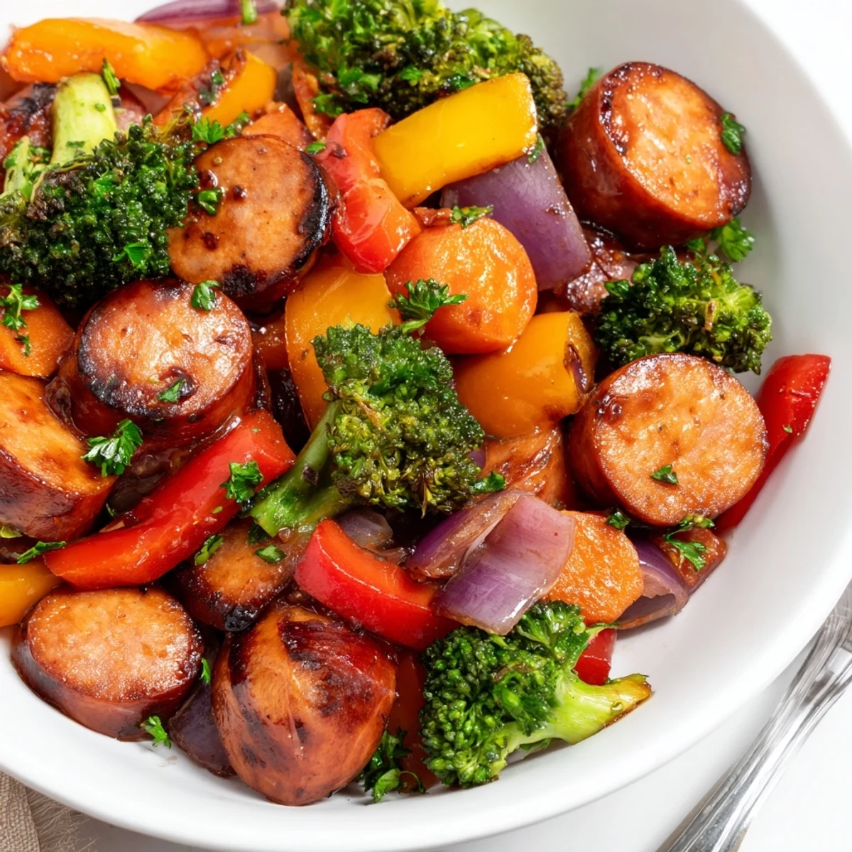 Golden caramelized sausage and vibrant roasted veggies drizzled with a sweet honey garlic sauce