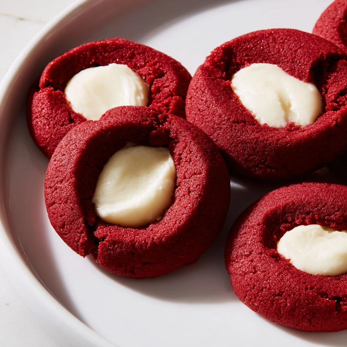 Bright red velvet thumbprint cookies topped with swirls of fluffy cream cheese filling on a rustic baking sheet