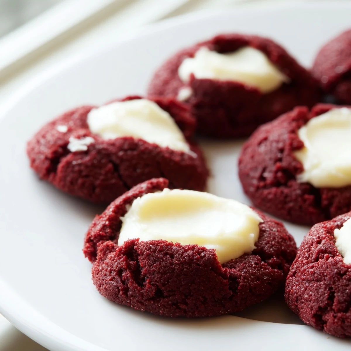 Red velvet thumbprint cookies with tender cocoa centers filled with creamy cheesecake frosting for holiday dessert
