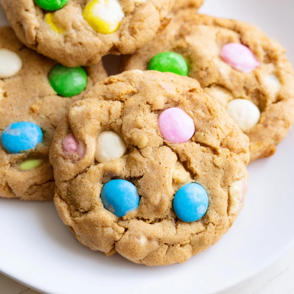 Soft MM Bunny Cookies topped with colorful pastel candies on a rustic baking sheet
