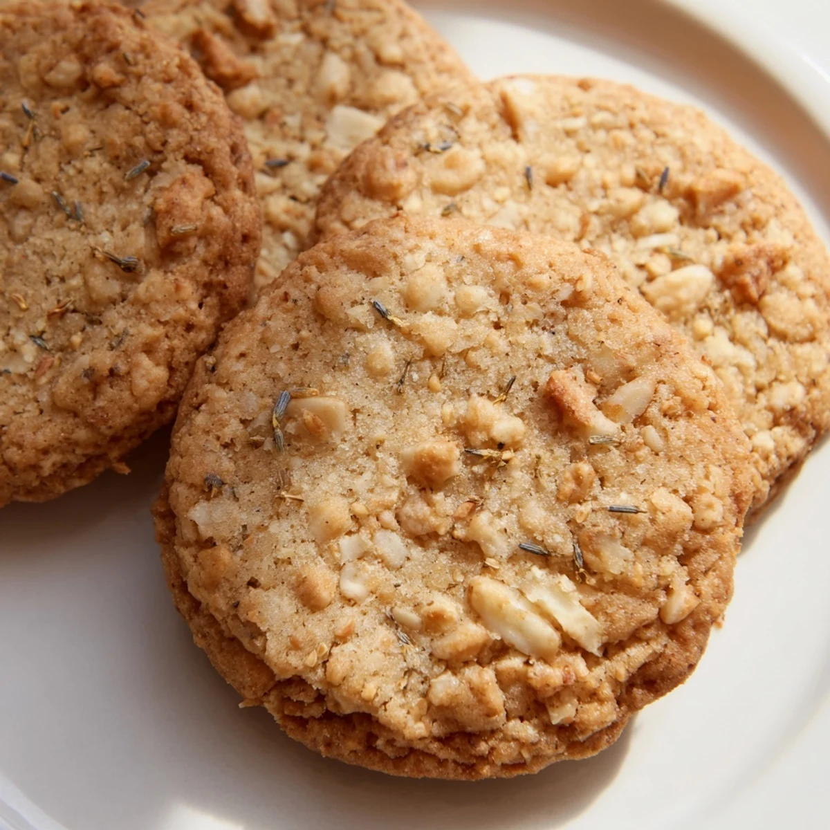 Golden lavender honey crunch cookies with toasted nuts on a rustic baking sheet