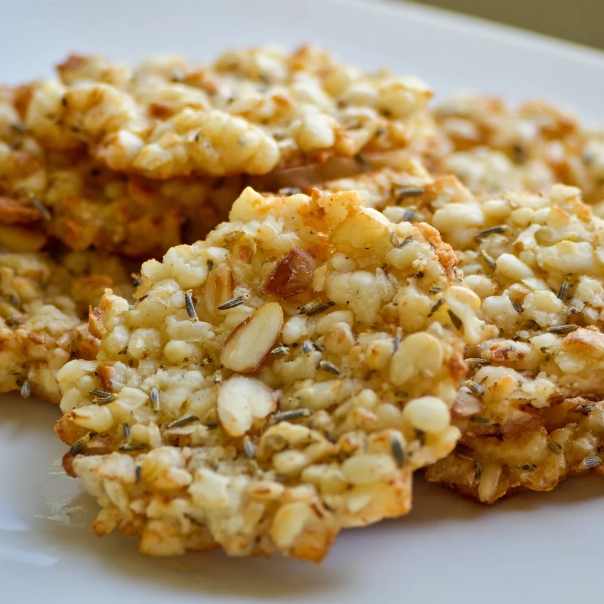 Piled lavender honey crunch cookies studded with chopped almonds on a parchment-lined tray