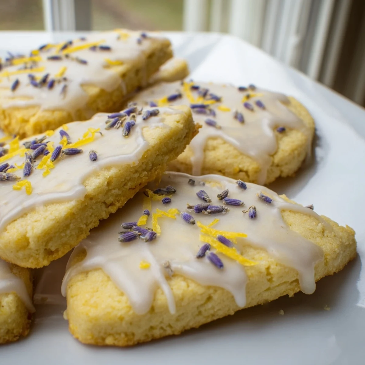 Iced Lemon Lavender Shortbread Cookies drizzled with glossy citrus icing and scattered lavender buds