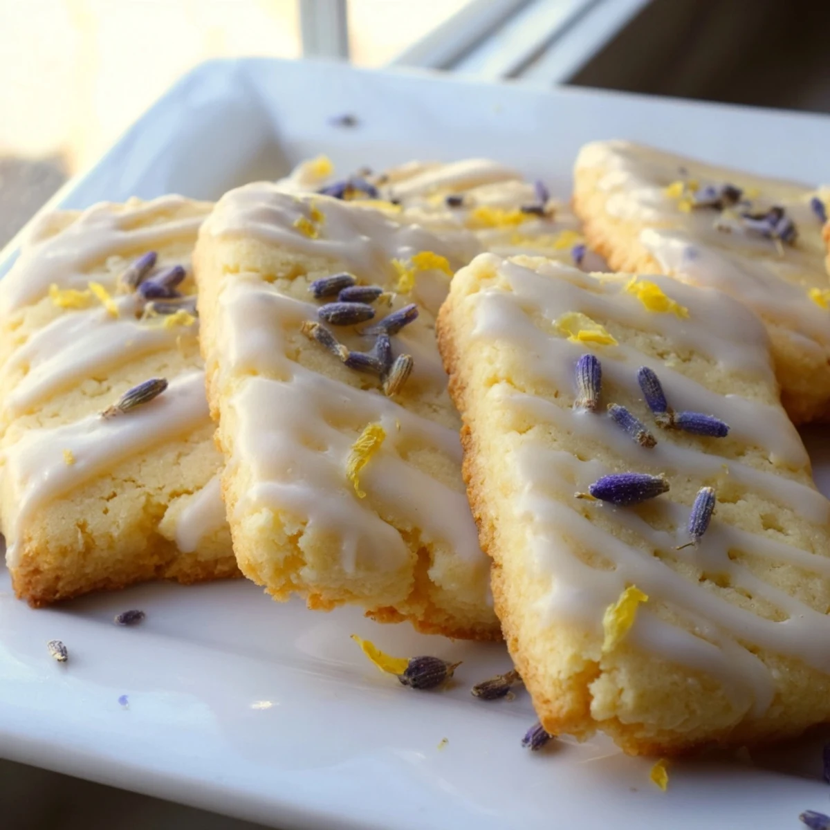 Buttery Iced Lemon Lavender Shortbread Cookies with golden edges cooling on a wire baking rack