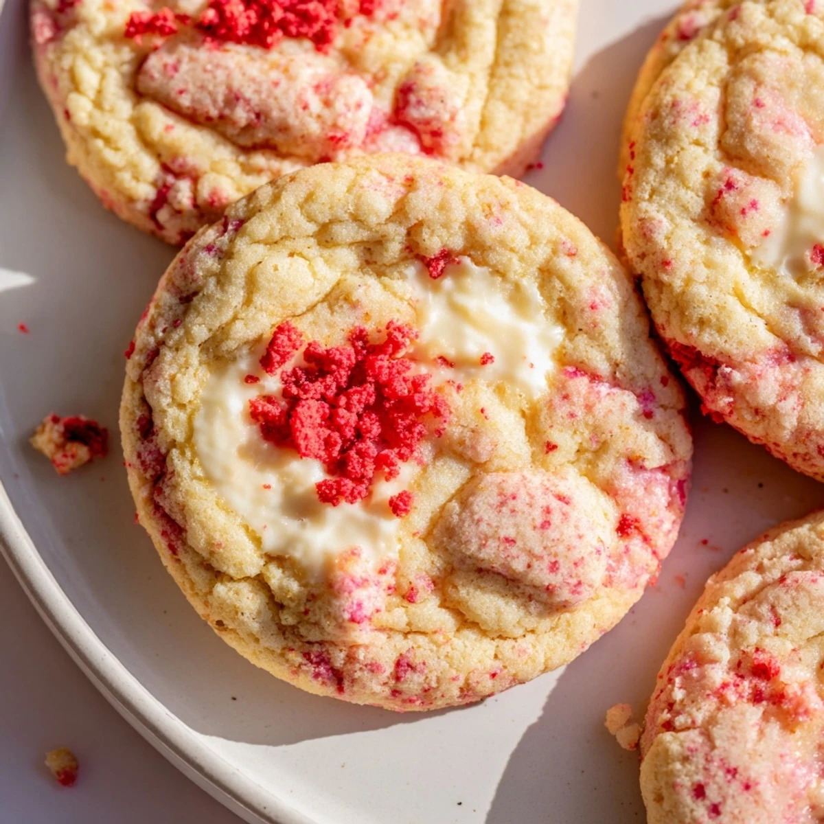 Soft strawberry cheesecake cookies with golden edges and creamy centers on rustic baking sheet