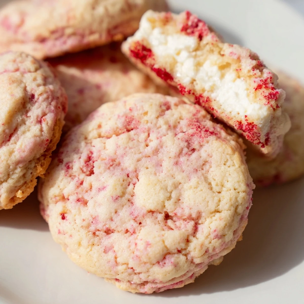 Chewy strawberry cheesecake cookies dusted with crushed berries arranged on white serving plate