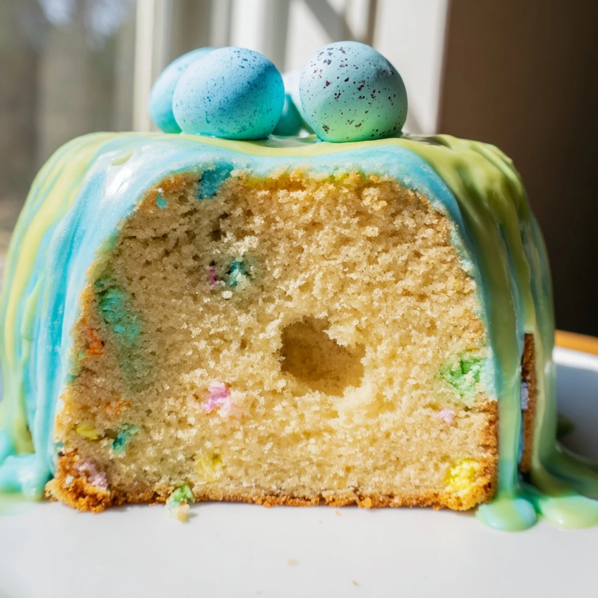 Tender Robin Egg Snack Cake with pastel glaze and speckled candy eggs on top