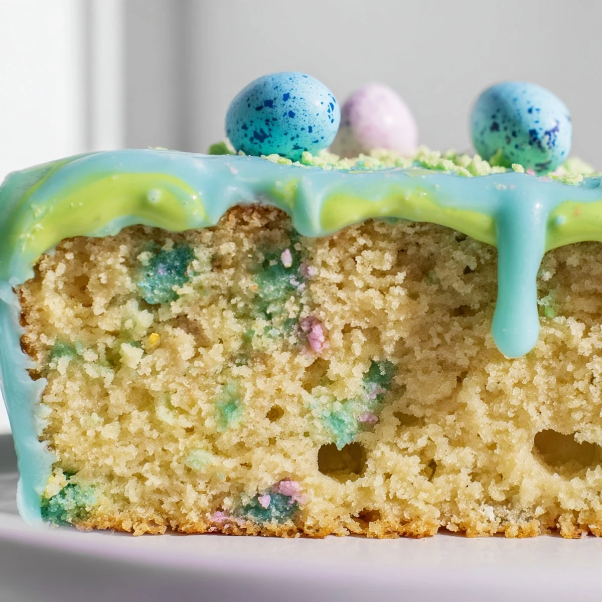 Robin Egg Snack Cake sliced into squares showing moist vanilla crumb studded with candy