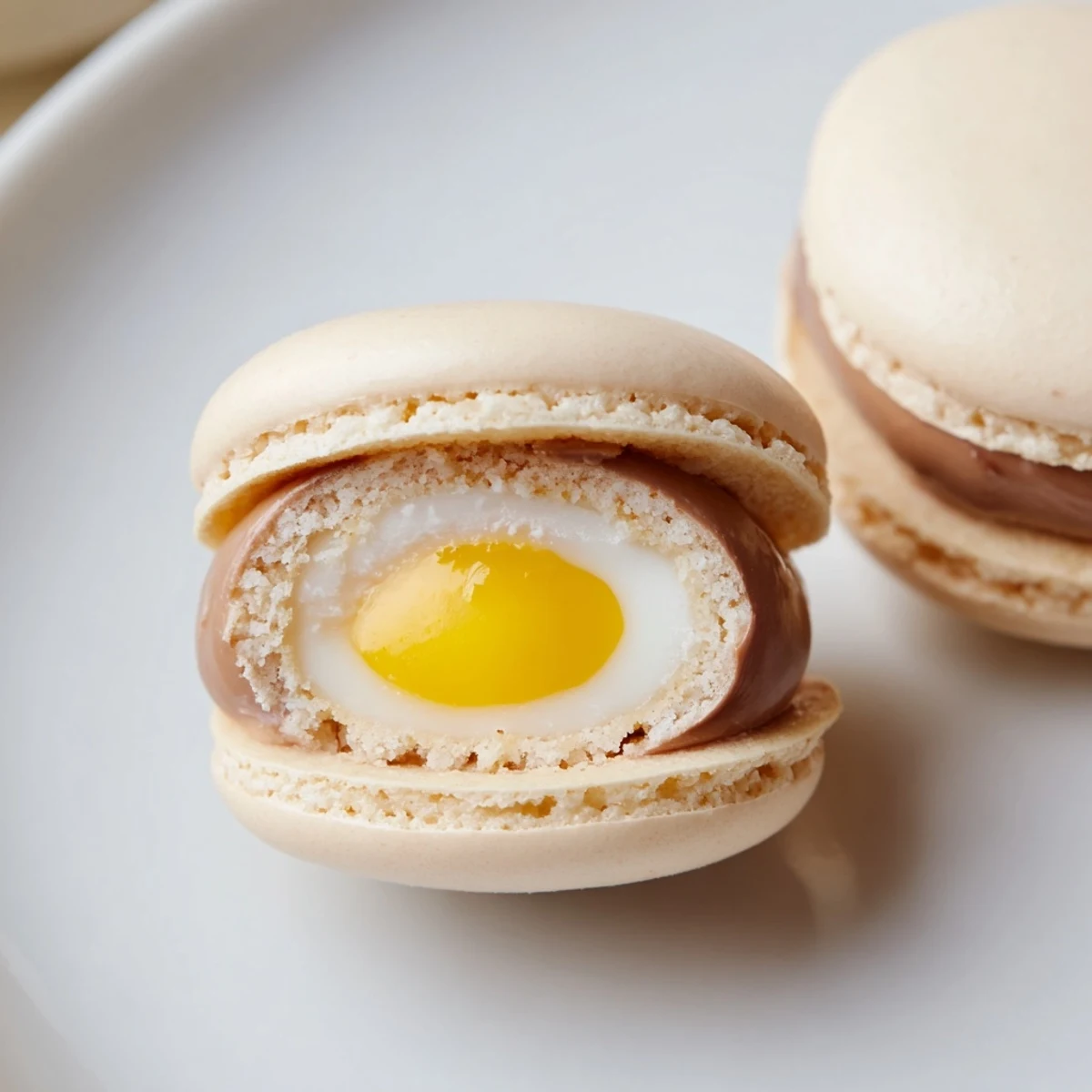 Golden Cadbury Egg macarons arranged on a white platter for Easter dessert