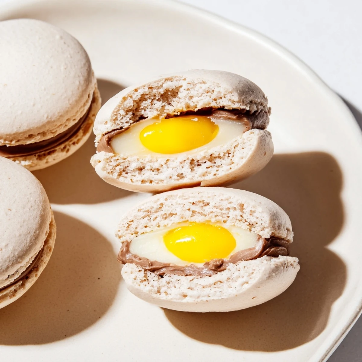 Cadbury Egg macarons with smooth chocolate ganache peeking from delicate almond shells