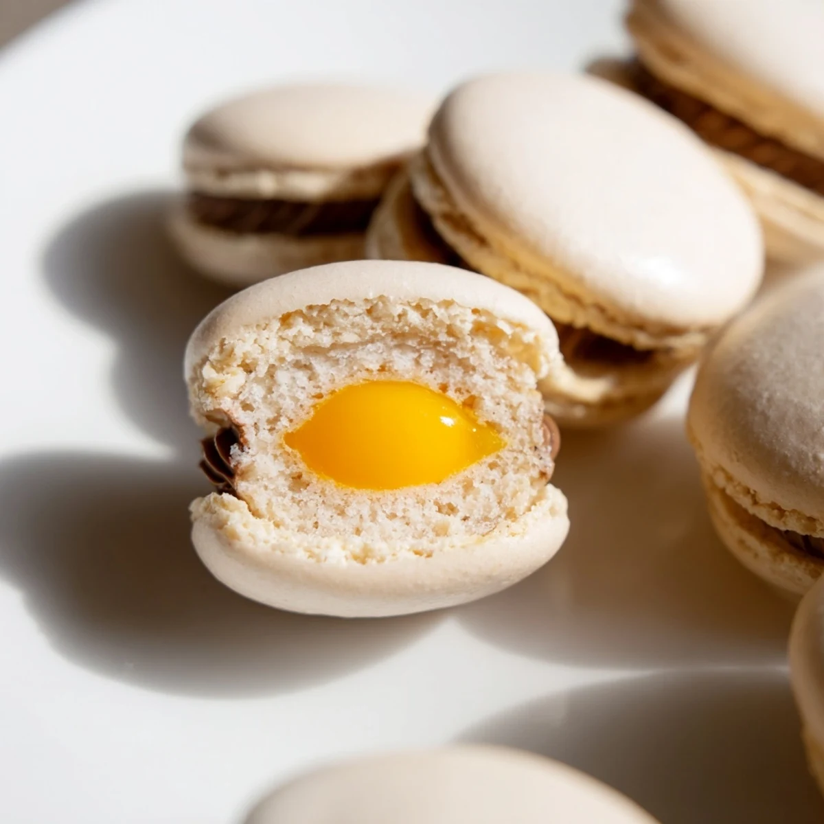 Pastel-colored Cadbury Egg macarons filled with creamy yellow yolk-inspired chocolate center