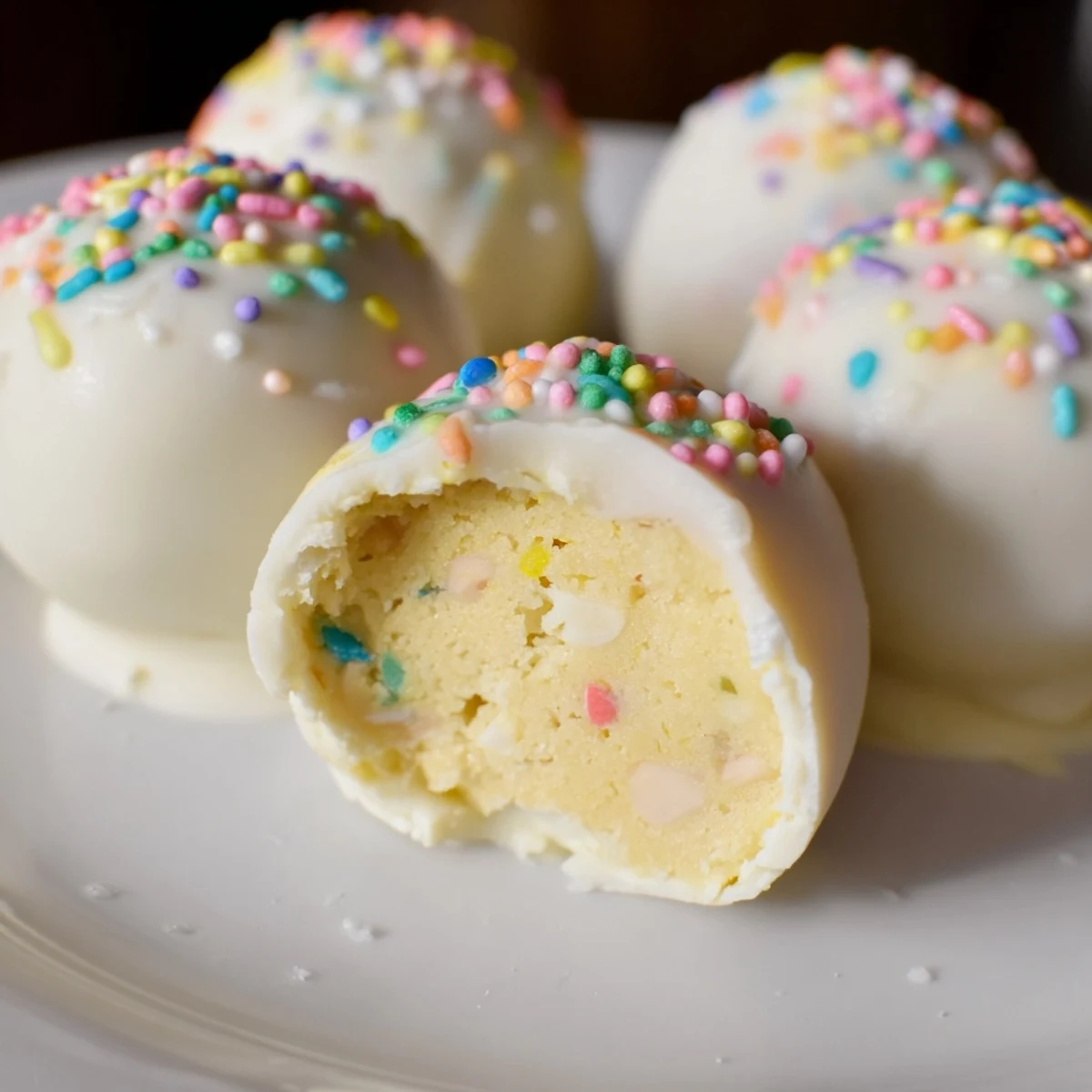 Creamy Banana Pudding Easter Truffles coated in white chocolate with colorful sprinkles