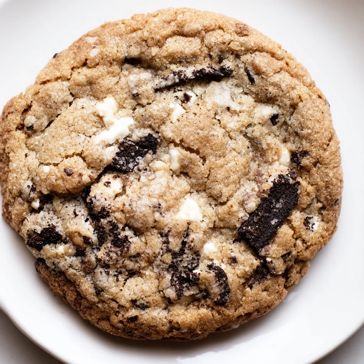 Soft chewy cookies and cream cookie with white chocolate chips on rustic wooden board