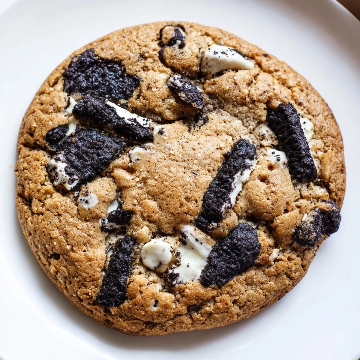 Warm cookies and cream cookie fresh from oven with golden edges and melty chips