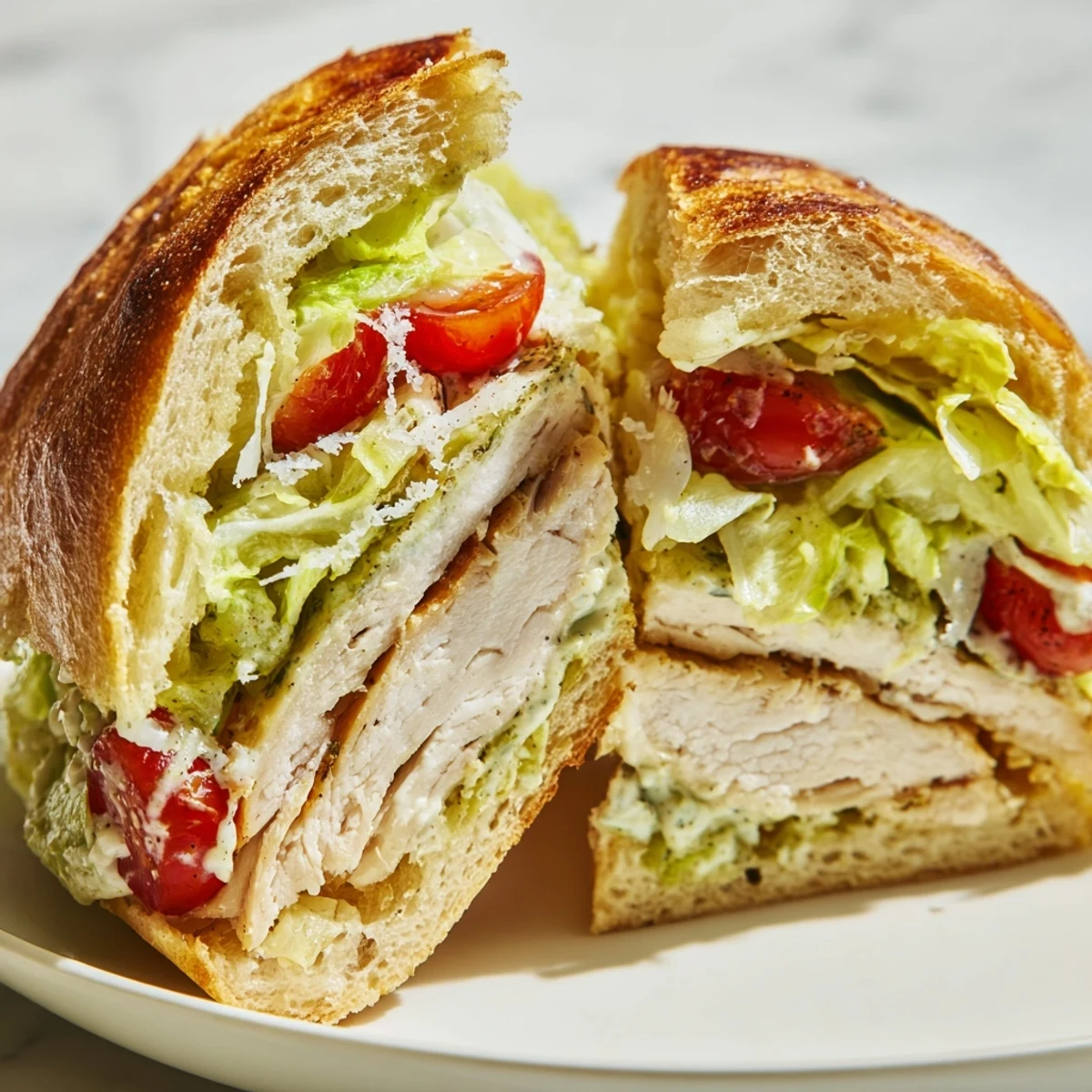 Grilled chicken Caesar sandwich with crisp romaine and parmesan on golden toasted ciabatta