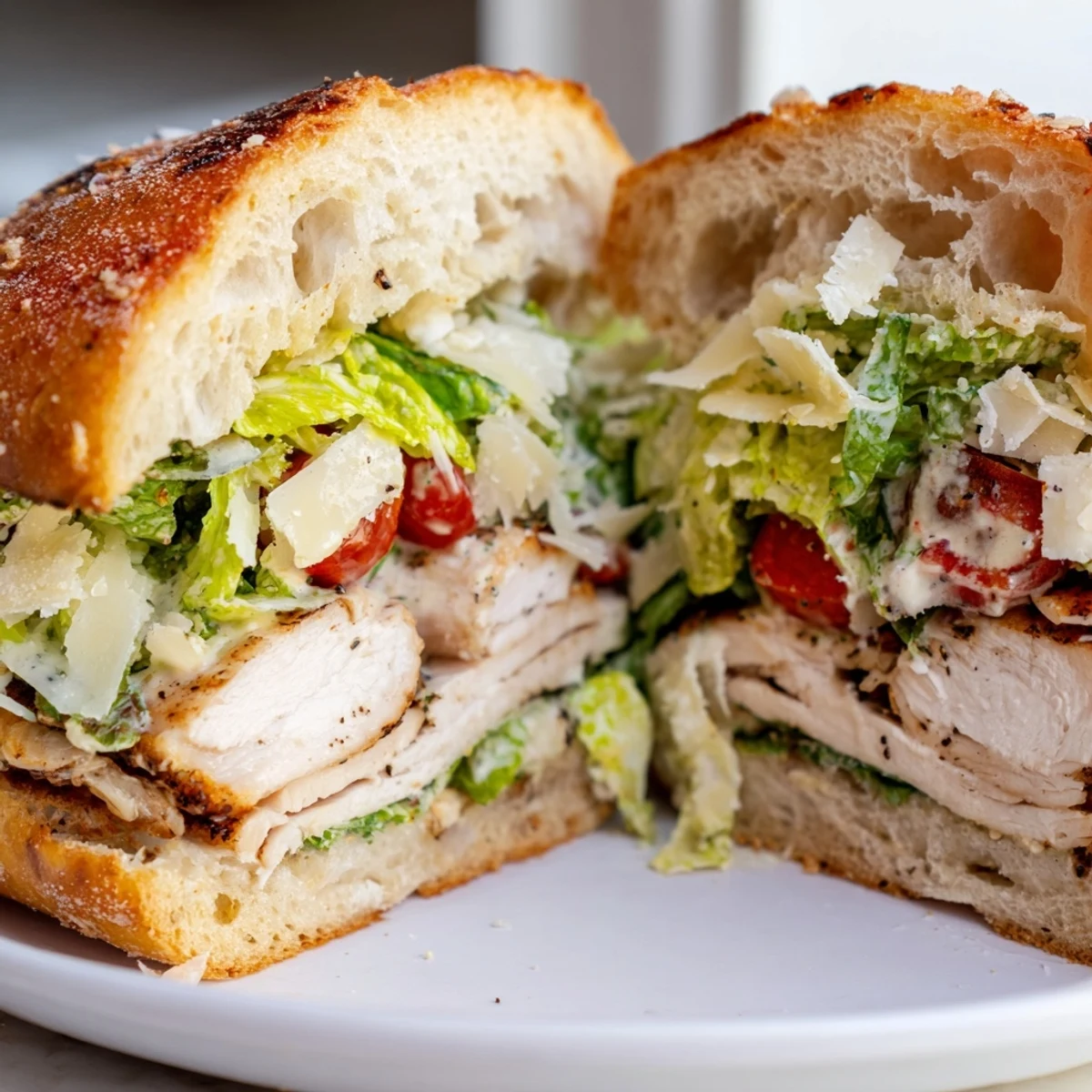 Juicy sliced chicken Caesar sandwich topped with creamy dressing and fresh shredded lettuce