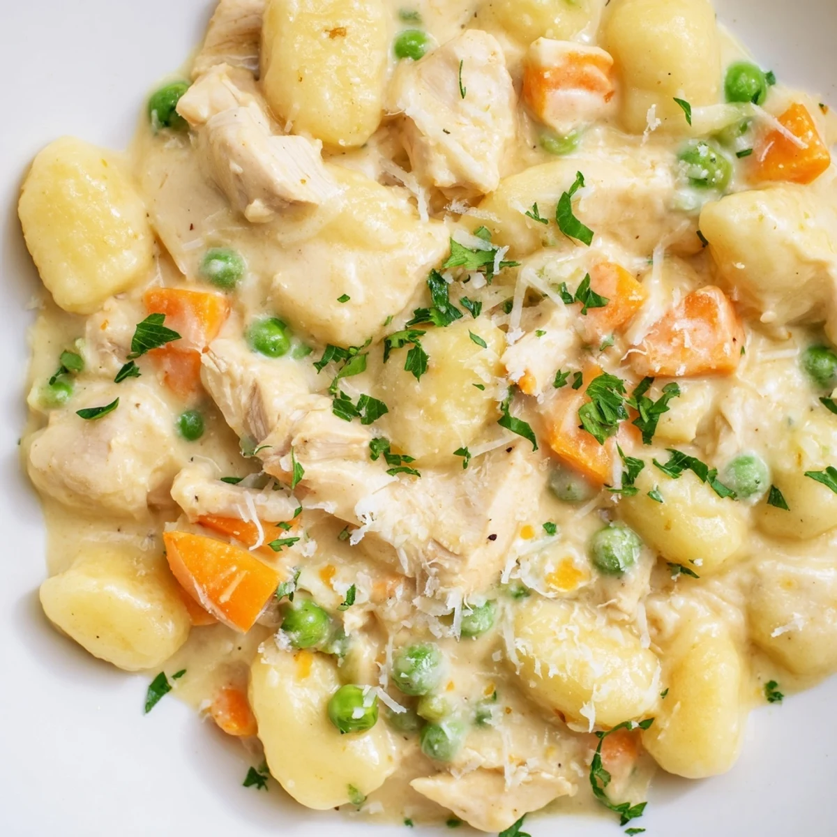 Creamy one pot gnocchi chicken pot pie in a cast iron skillet with tender vegetables