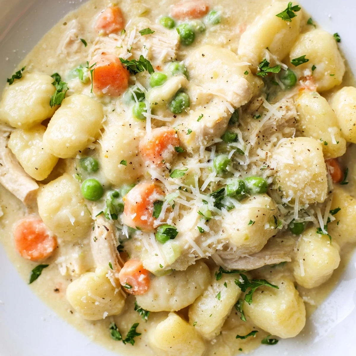 Golden one pot gnocchi chicken pot pie bubbling with savory sauce and fresh herbs
