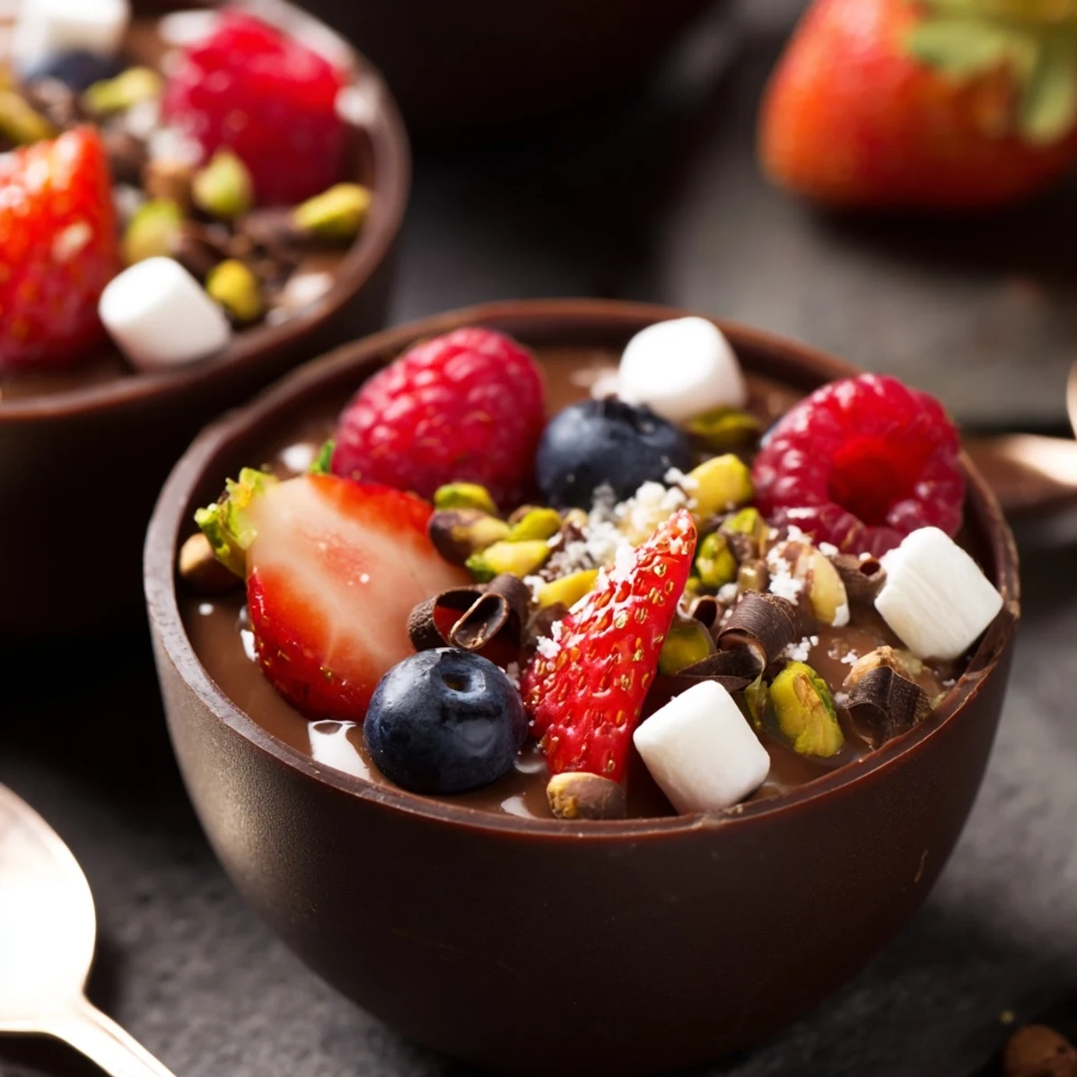 Chocolate grazing cups filled with silky mousse and topped with fresh berries and nuts