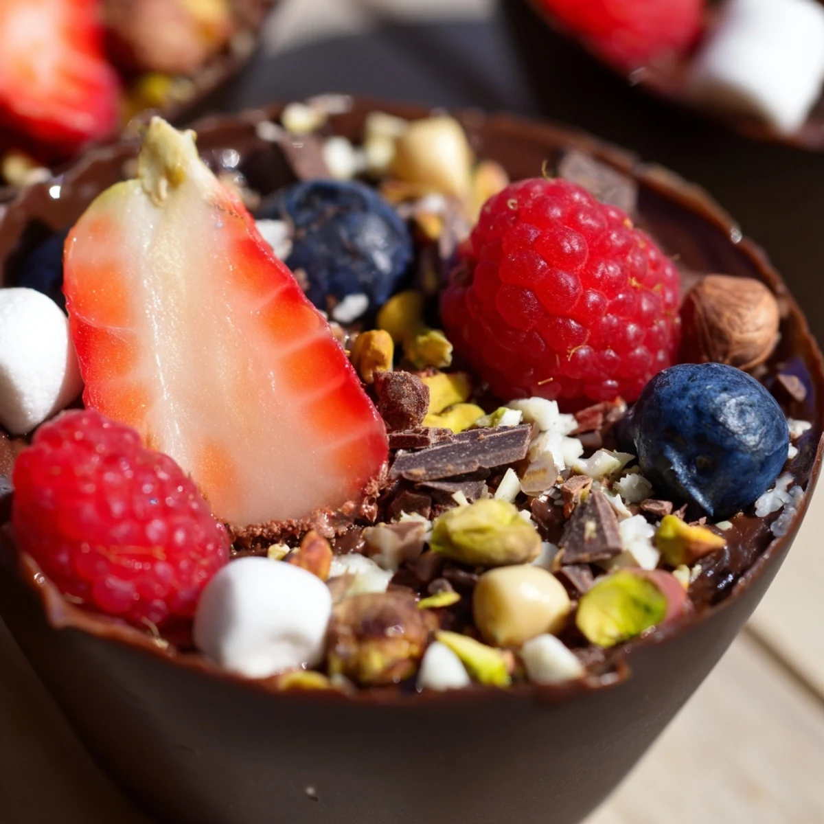 Elegant chocolate grazing cups with berries, crunchy nuts, and shaved chocolate garnish