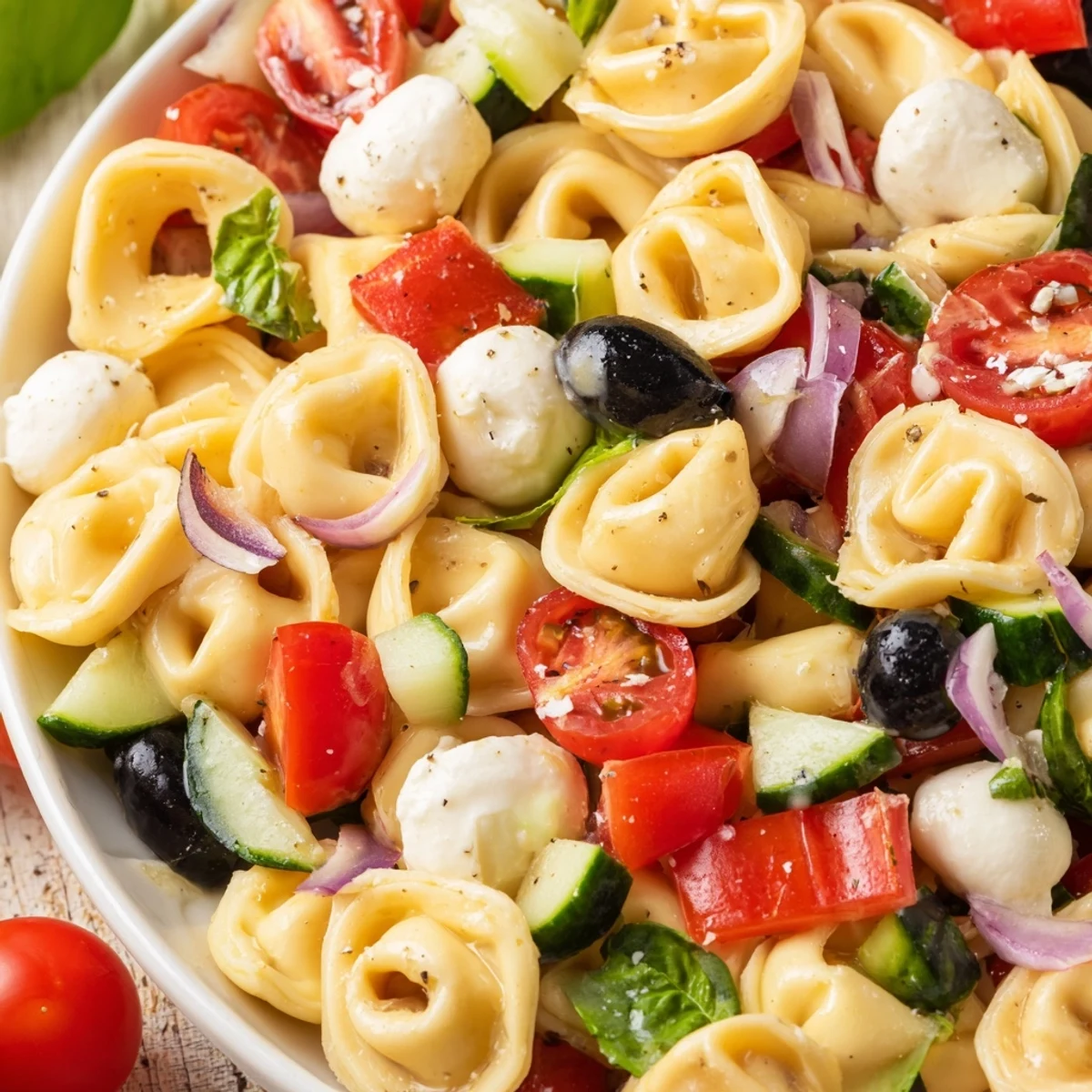 Tortellini salad in a serving bowl featuring crisp vegetables and fresh basil leaves