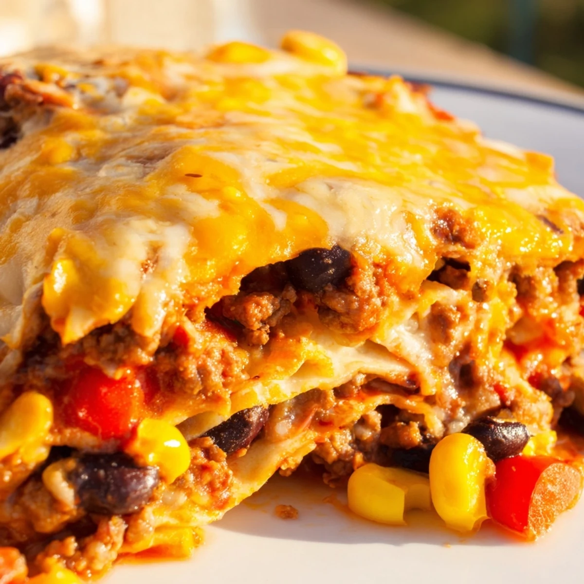 Golden melted cheese tops this hearty Mexican lasagna with layers of seasoned beef