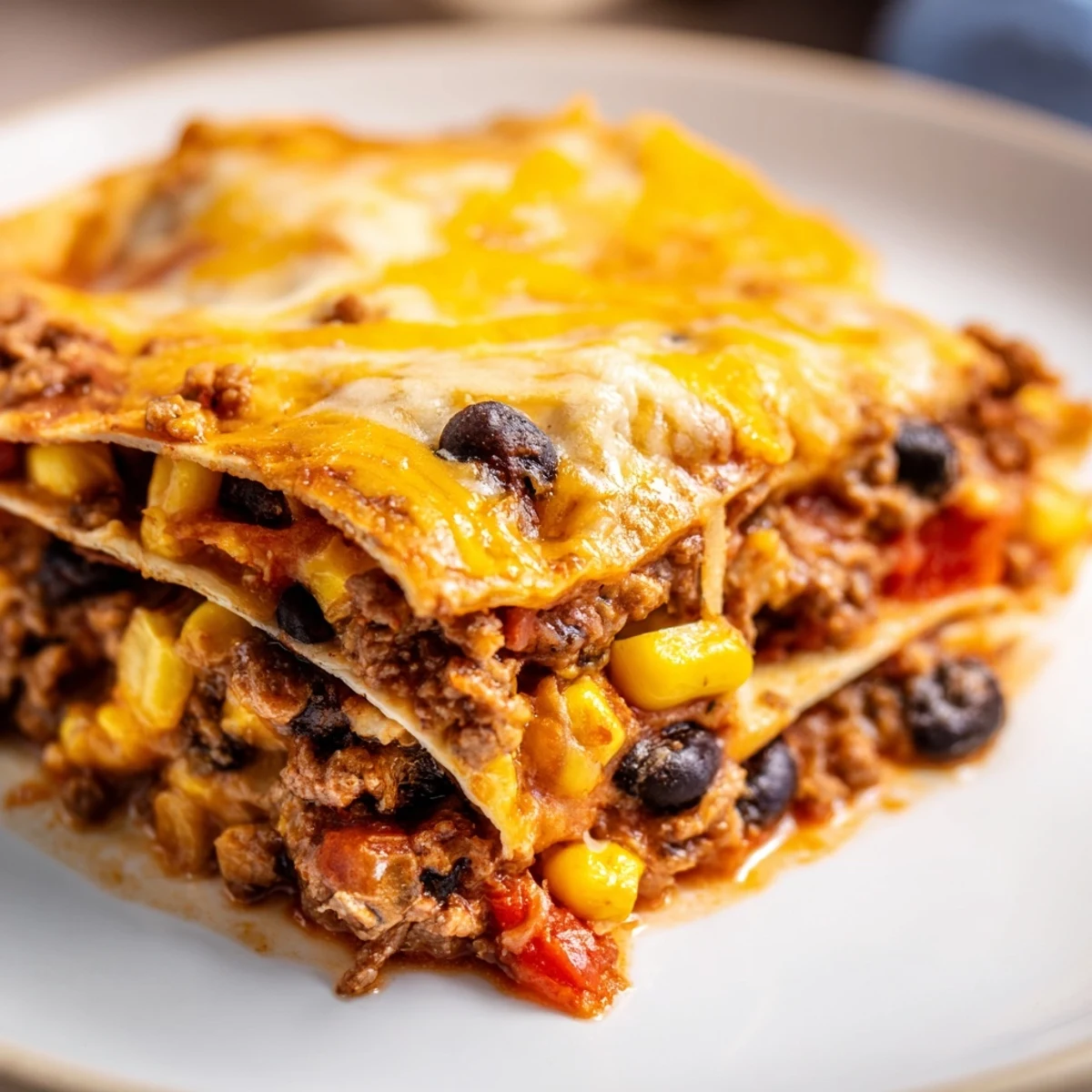 Steaming Mexican lasagna with bubbly cheese and colorful peppers in a baking dish