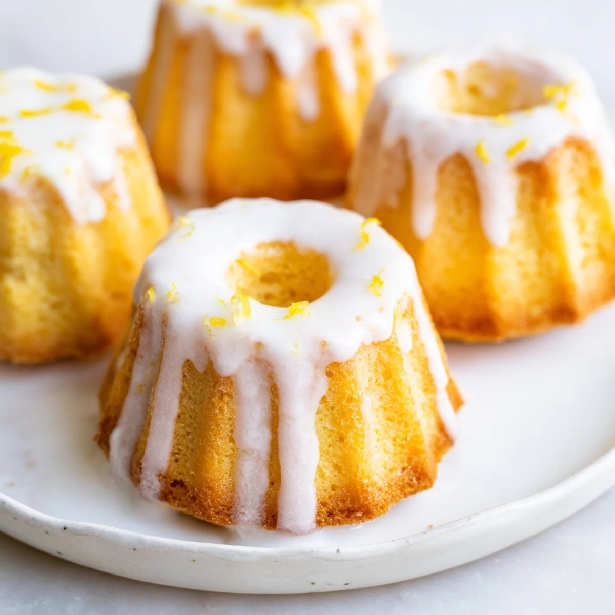 Moist mini lemon cakes topped with powdered sugar glaze and fresh zest