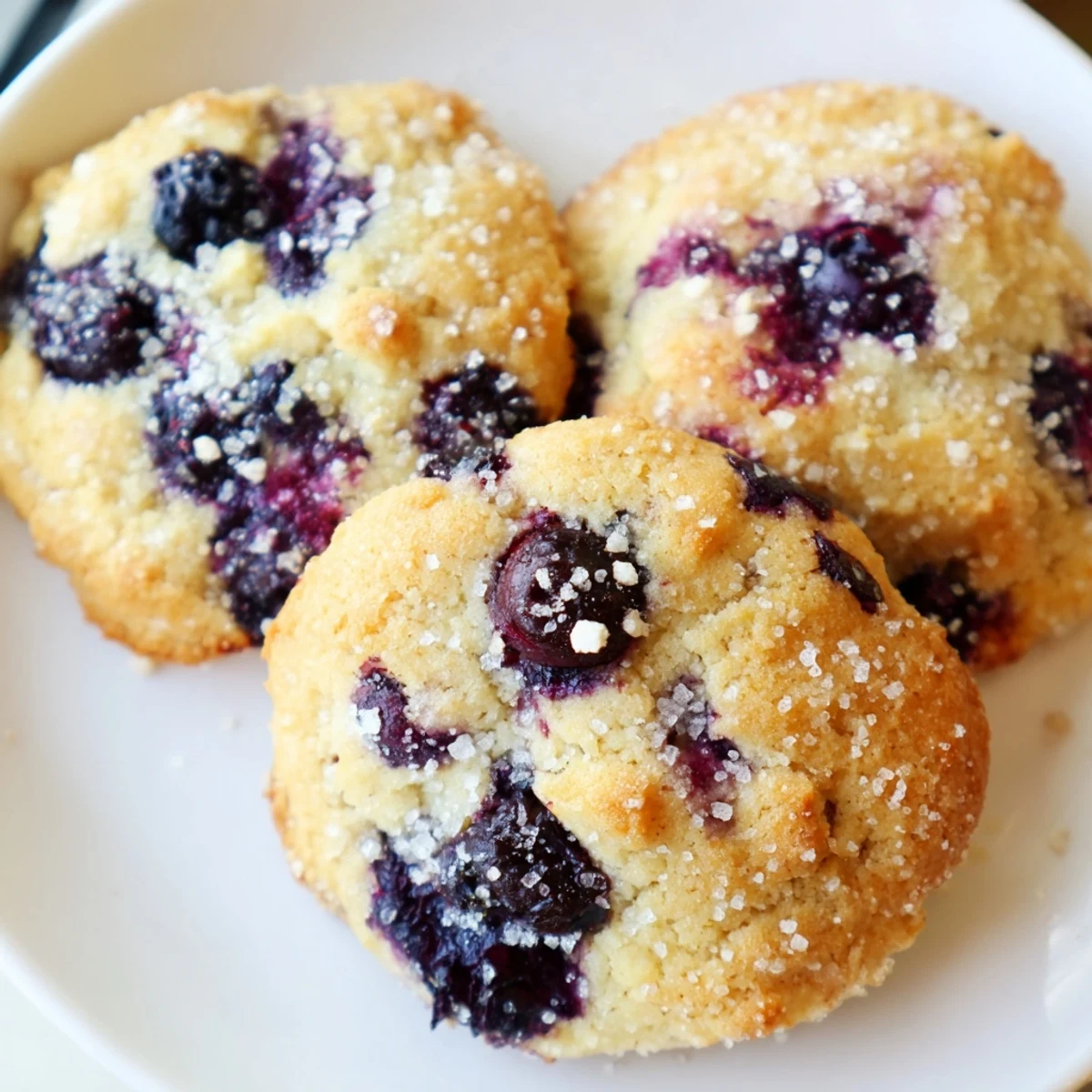 Soft blueberry muffin cookies with golden edges and juicy berries on a baking sheet