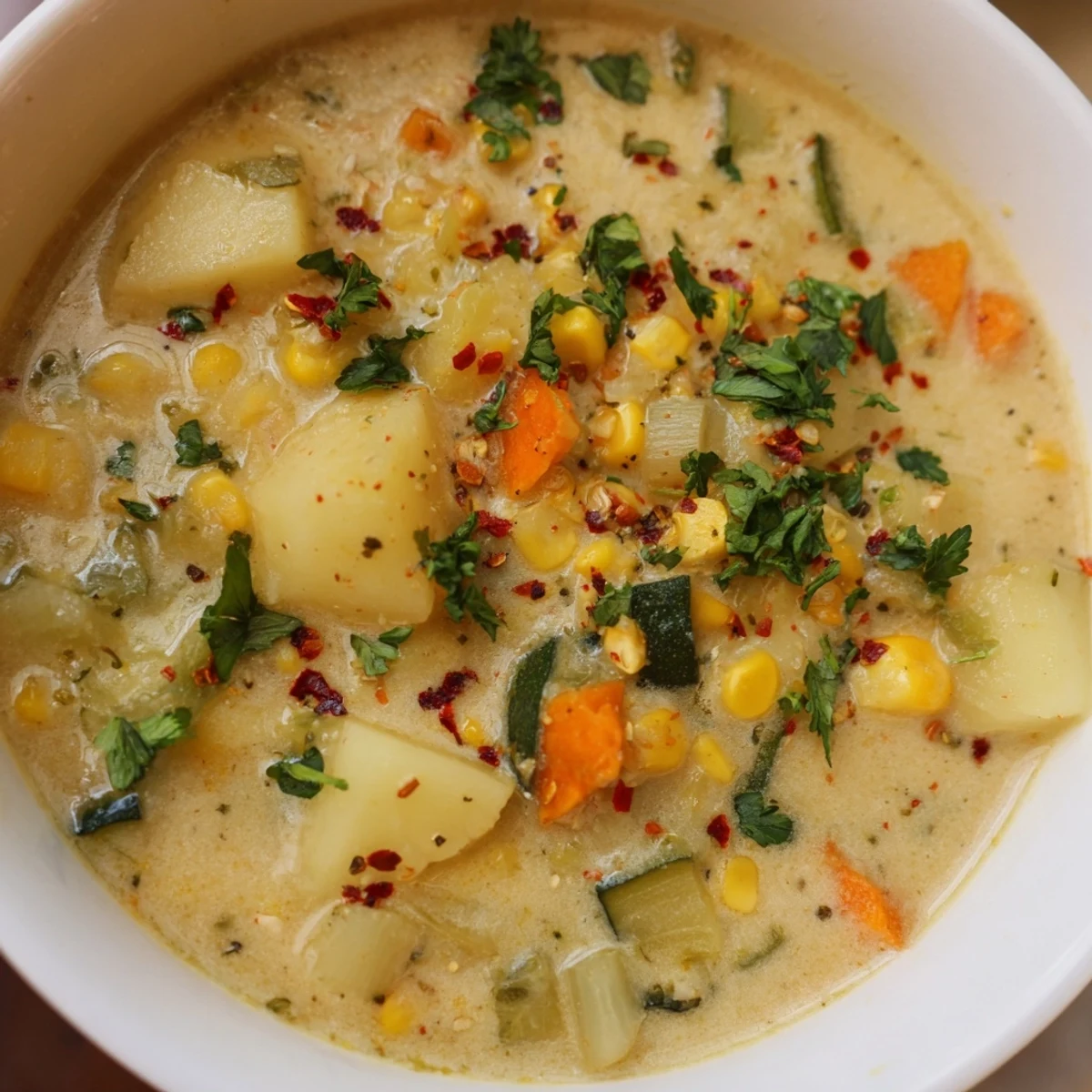 Creamy potato corn zucchini soup in a rustic bowl topped with fresh parsley