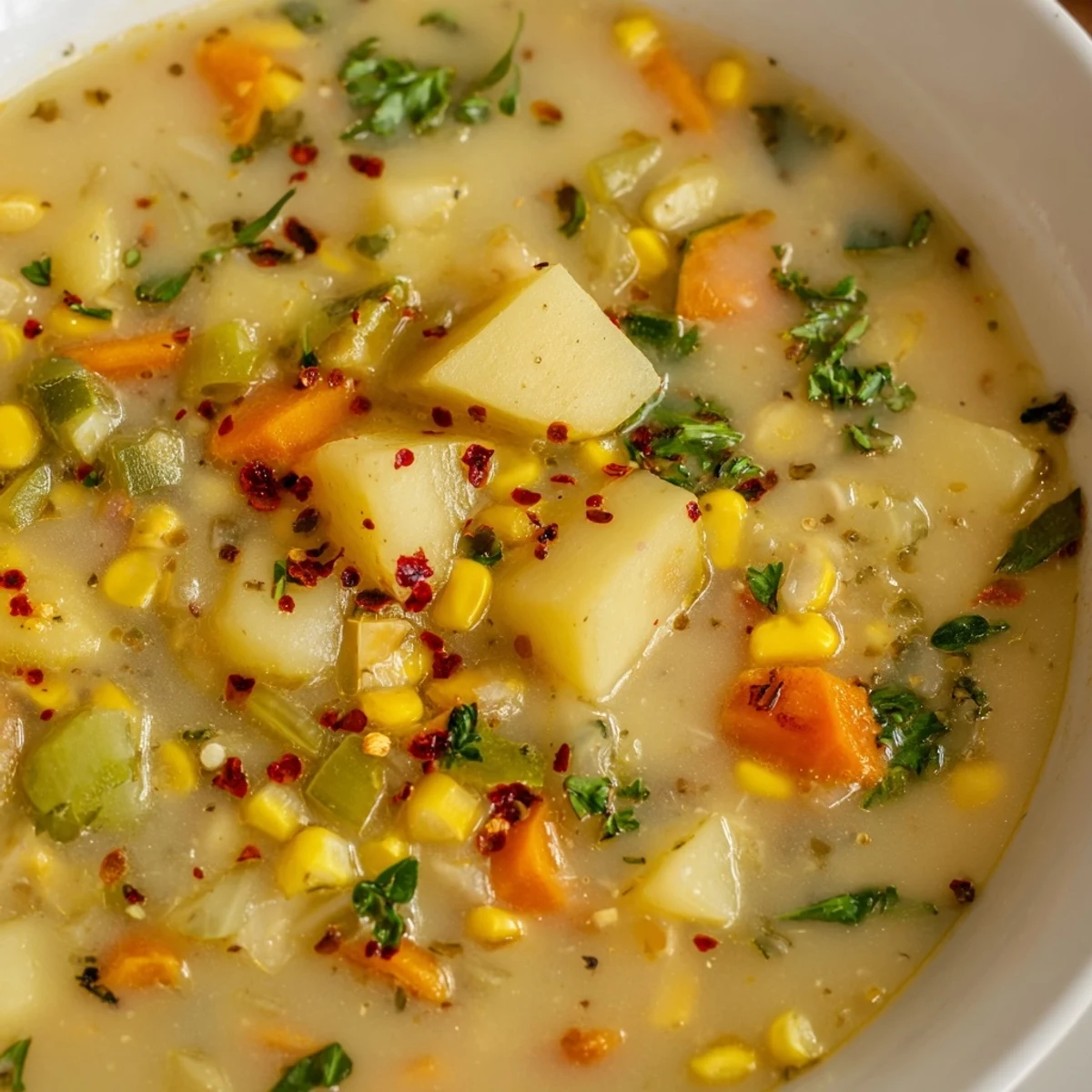 Hearty potato corn zucchini soup with tender vegetables in a creamy golden broth