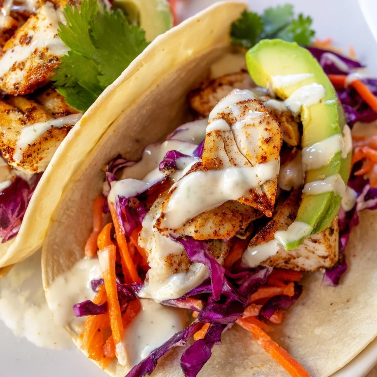 Crispy spiced tilapia fish tacos topped with vibrant cabbage slaw and creamy lime crema on warm tortillas