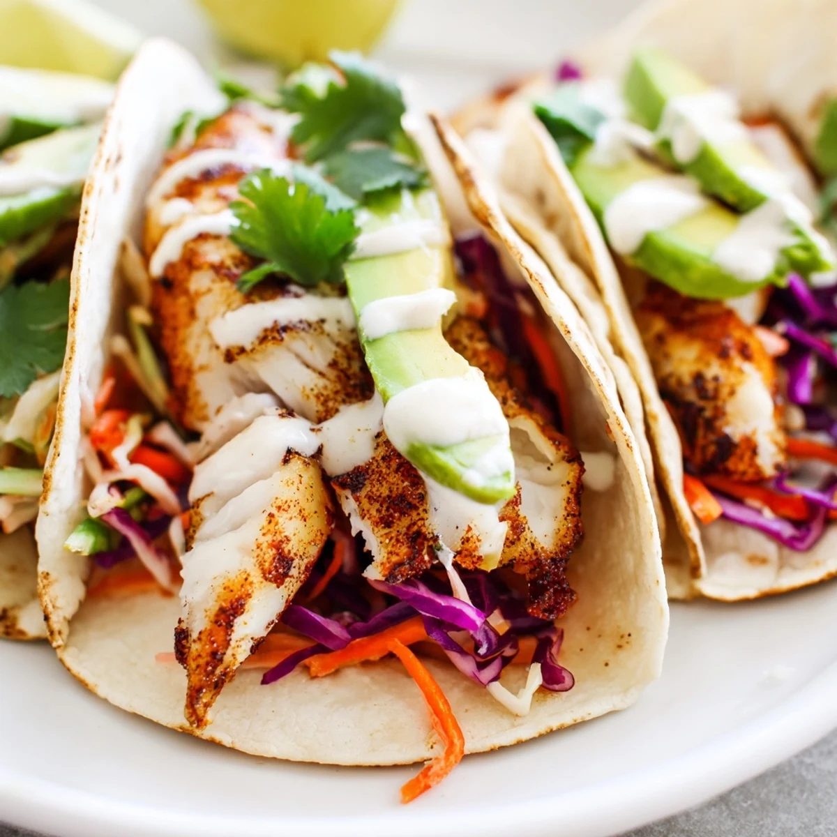 Golden tilapia fish tacos with fresh slaw and zesty crema drizzle served on soft corn tortillas