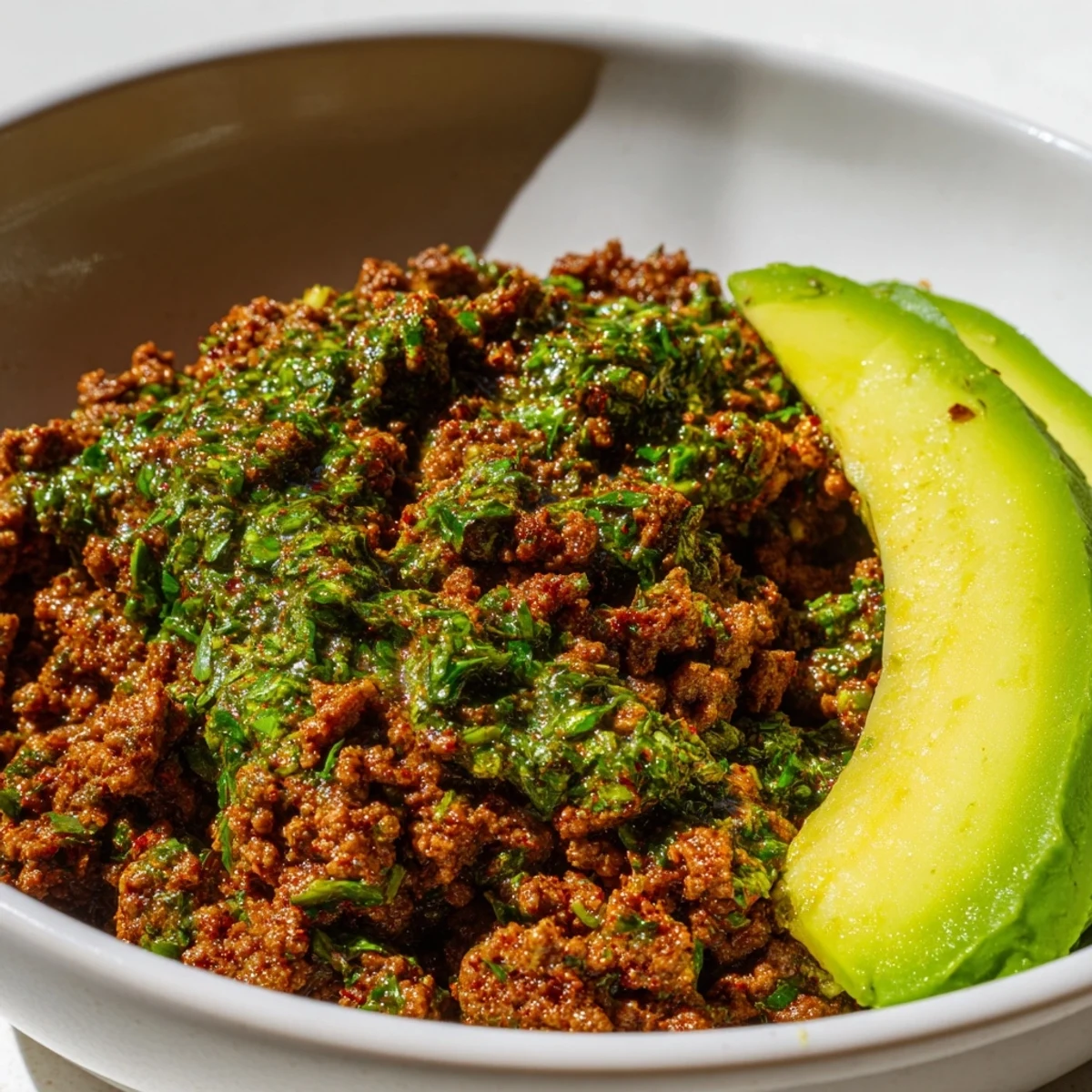 Spicy chimichurri ground beef bowls topped with fresh avocado slices and colorful crisp vegetables