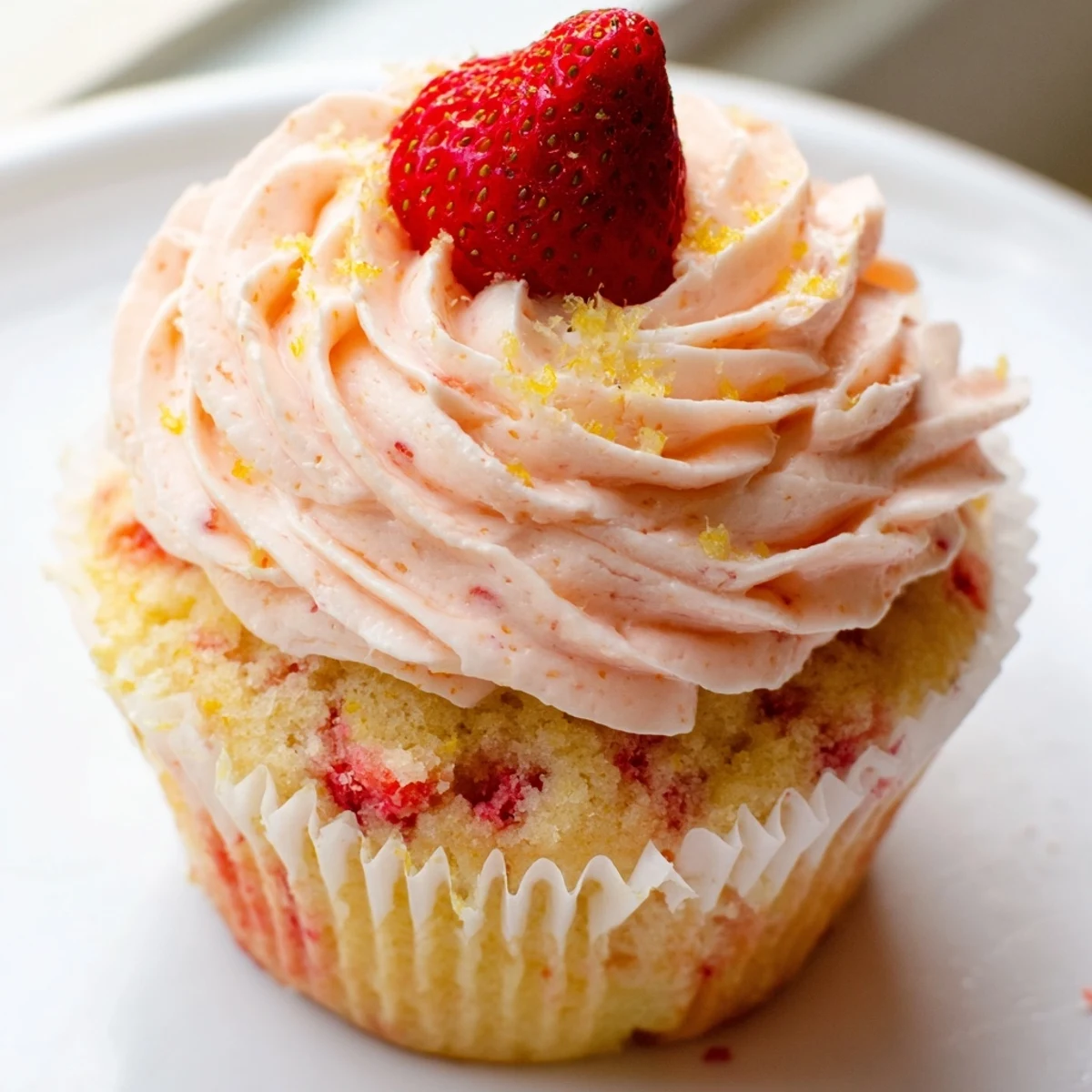 Frosted strawberry lemonade cupcakes topped with pink buttercream and fresh berry garnish on a rustic summer table