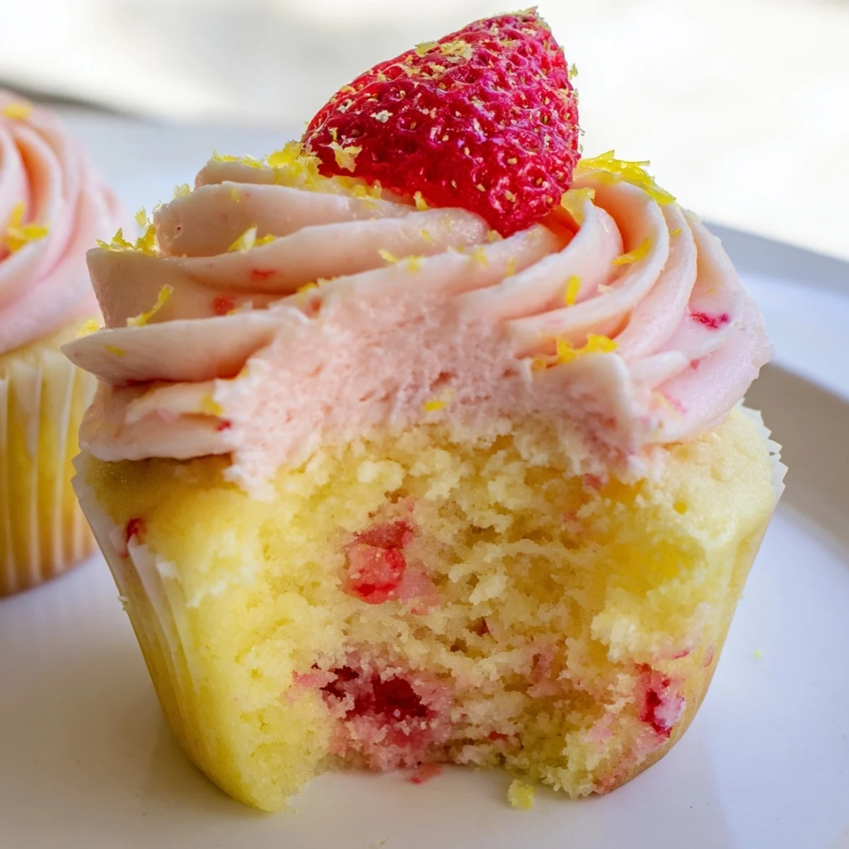 Golden strawberry lemonade cupcakes with swirls of tangy lemon-strawberry buttercream piped high and finished with zest