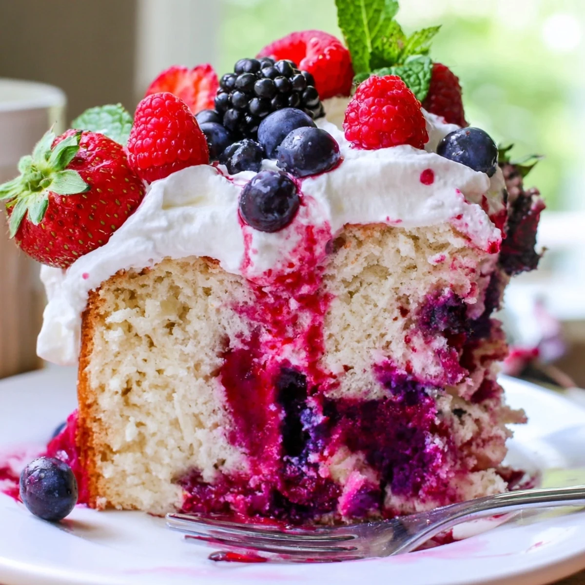 A slice of summer berry poke cake topped with fresh strawberries and whipped cream.