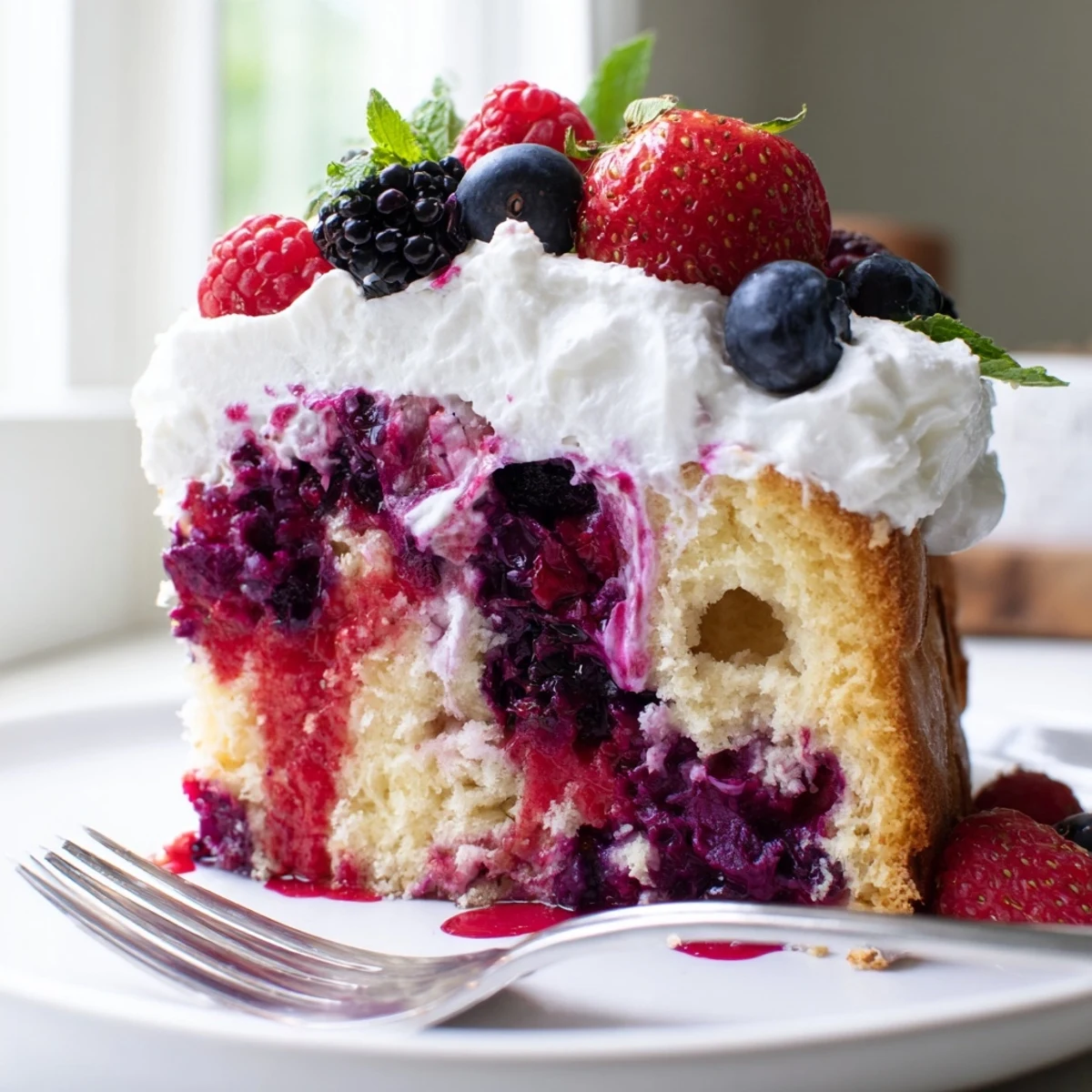 Berry sauce soaking into every bite of this moist summer berry poke cake.